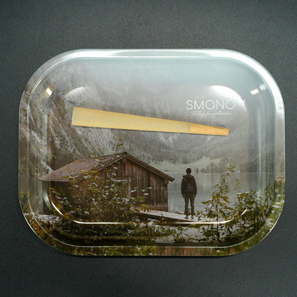 Smono Rolling Tray Small Mountains, Bild mit Größenvergleich, ideal für Zuhause und Reisen.