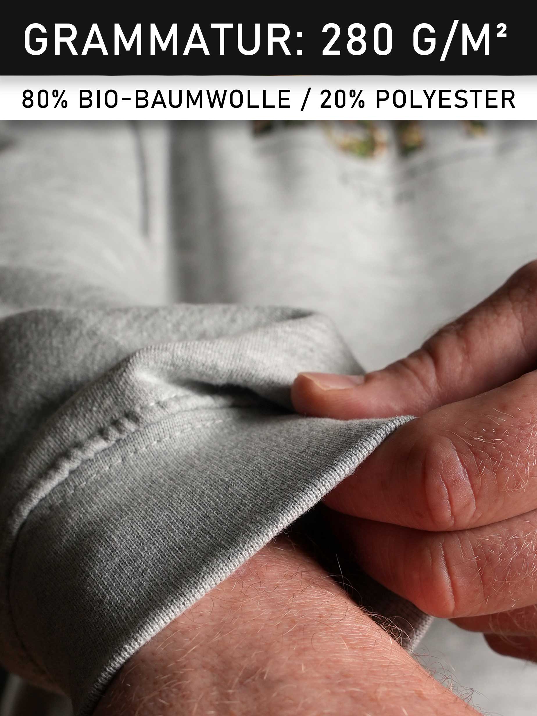 Detailfoto der weichen Bio Baumwollmischung des TASTY Kush Hoodie Grey – hautfreundlich und langlebig