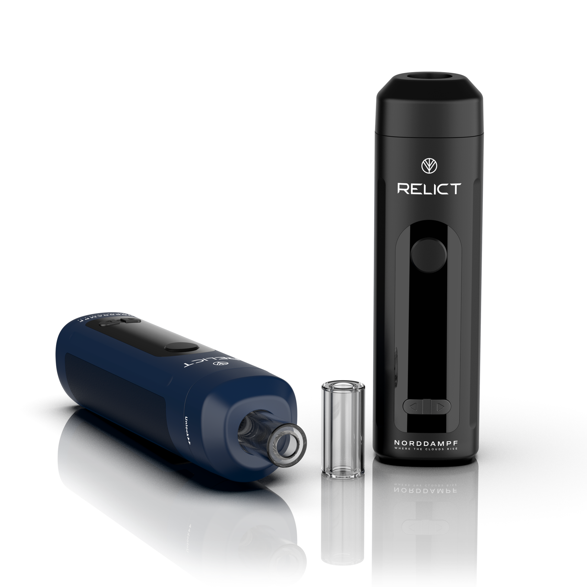 Norddampf Relict Vaporizer in Deep Black und Nordic Blue – Geräte nebeneinander