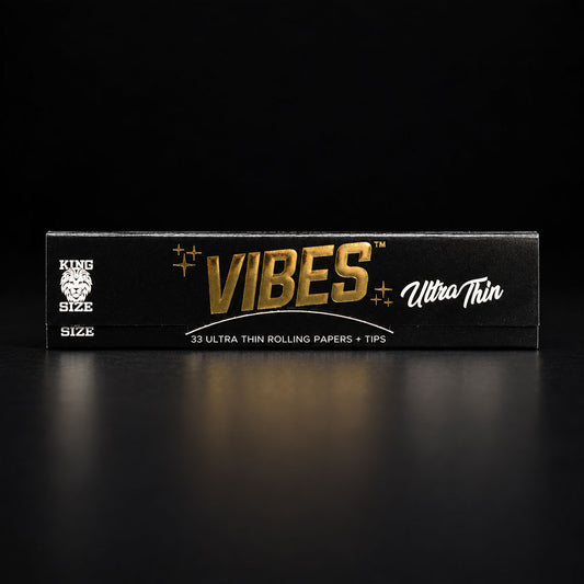 Das VIBES Ultra Thin Set enthält 33 King Size Slim Papers und 33 passende Tips – für extra langen, puren Rauchgenuss