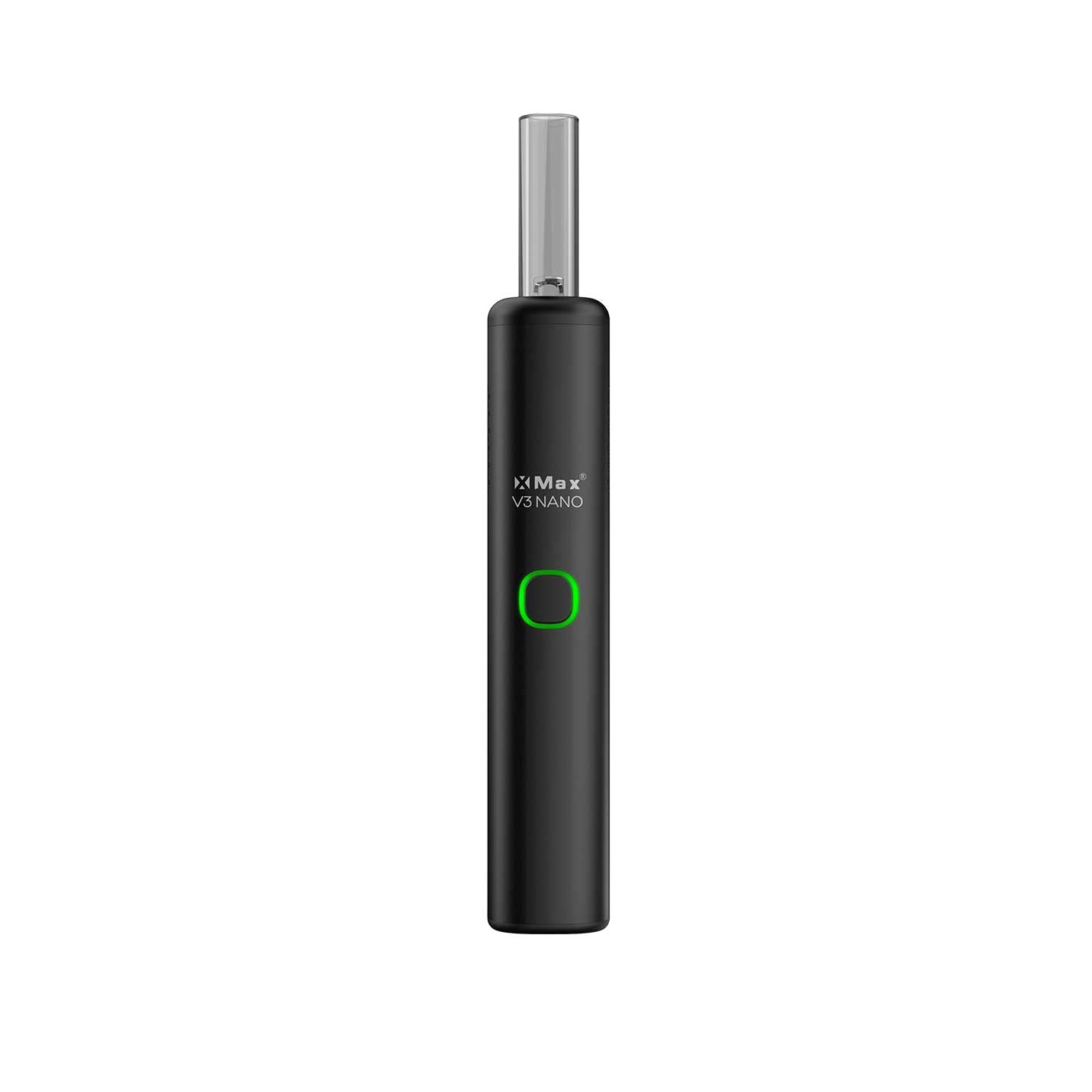 XMAX V3 NANO Vaporizer in Schwarz – schlankes Gehäuse im Pen-Style, aufrecht stehend auf glatter Oberfläche