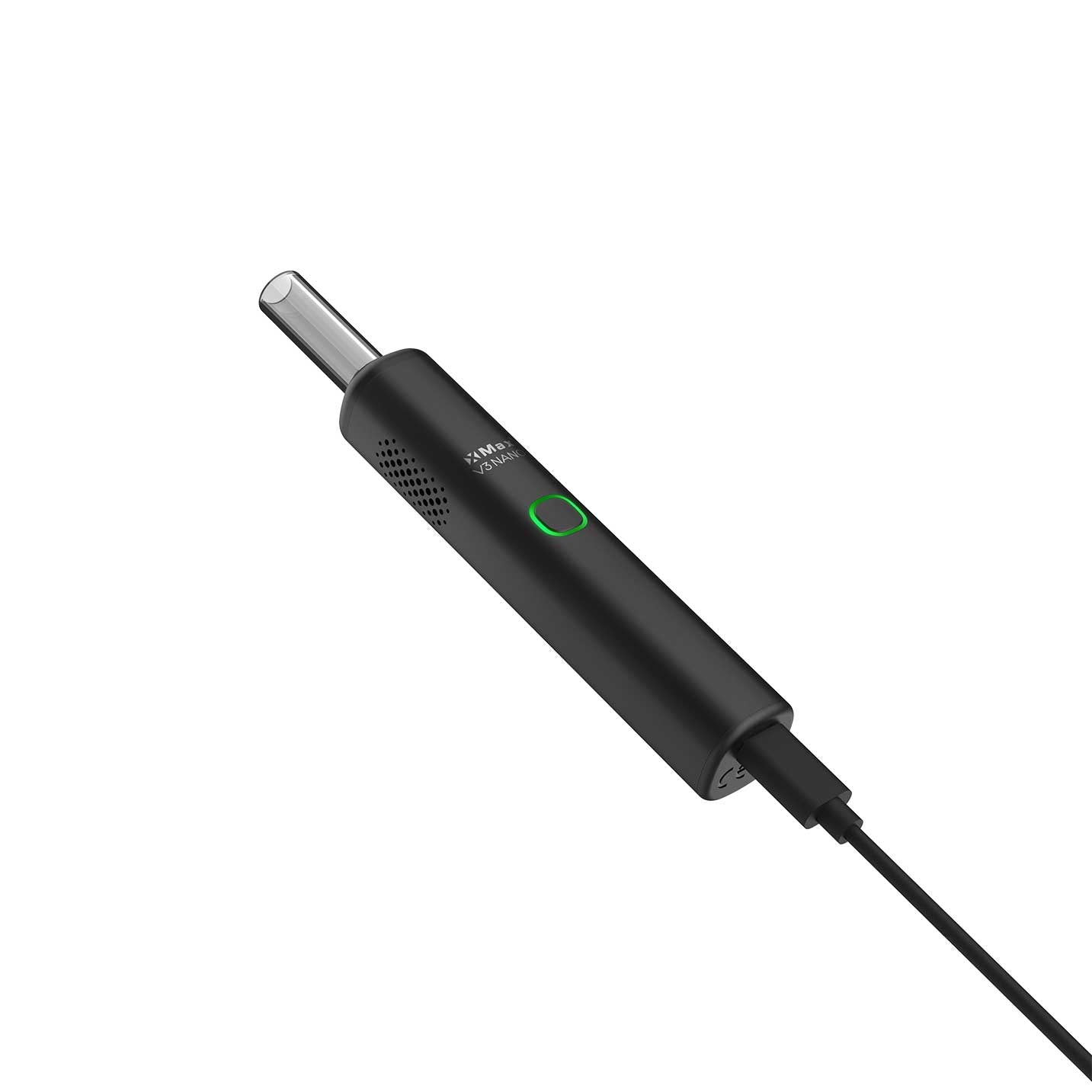 XMAX V3 NANO Vaporizer in Schwarz – komplett ohne Zubehör, seitlich liegend, Fokus auf Form und Verarbeitung
