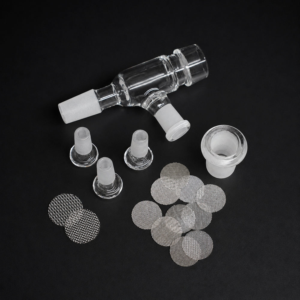 Lieferumfang des GRAVEDA EPIC Quarz Diffusors mit Glasadapter, Glaseinsätzen und Metallsieben