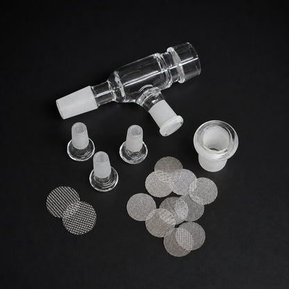 Lieferumfang des GRAVEDA EPIC Quarz Diffusors mit Glasadapter, Glaseinsätzen und Metallsieben