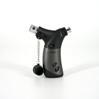 Das schwarze Unilite Jetflame Feuerzeug Kingston mit Turbo-Flamme, Schutzkappe und Tankfenste