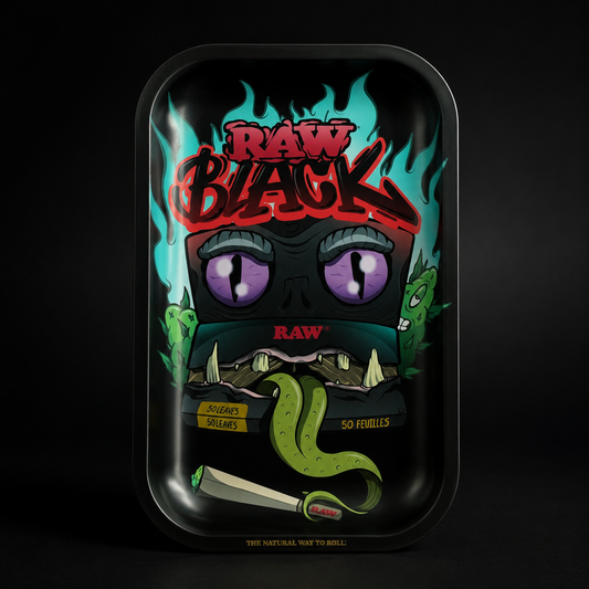 RAW Black Monster Rolling Tray Small mit düsterem Monster-Motiv und RAW Black Design