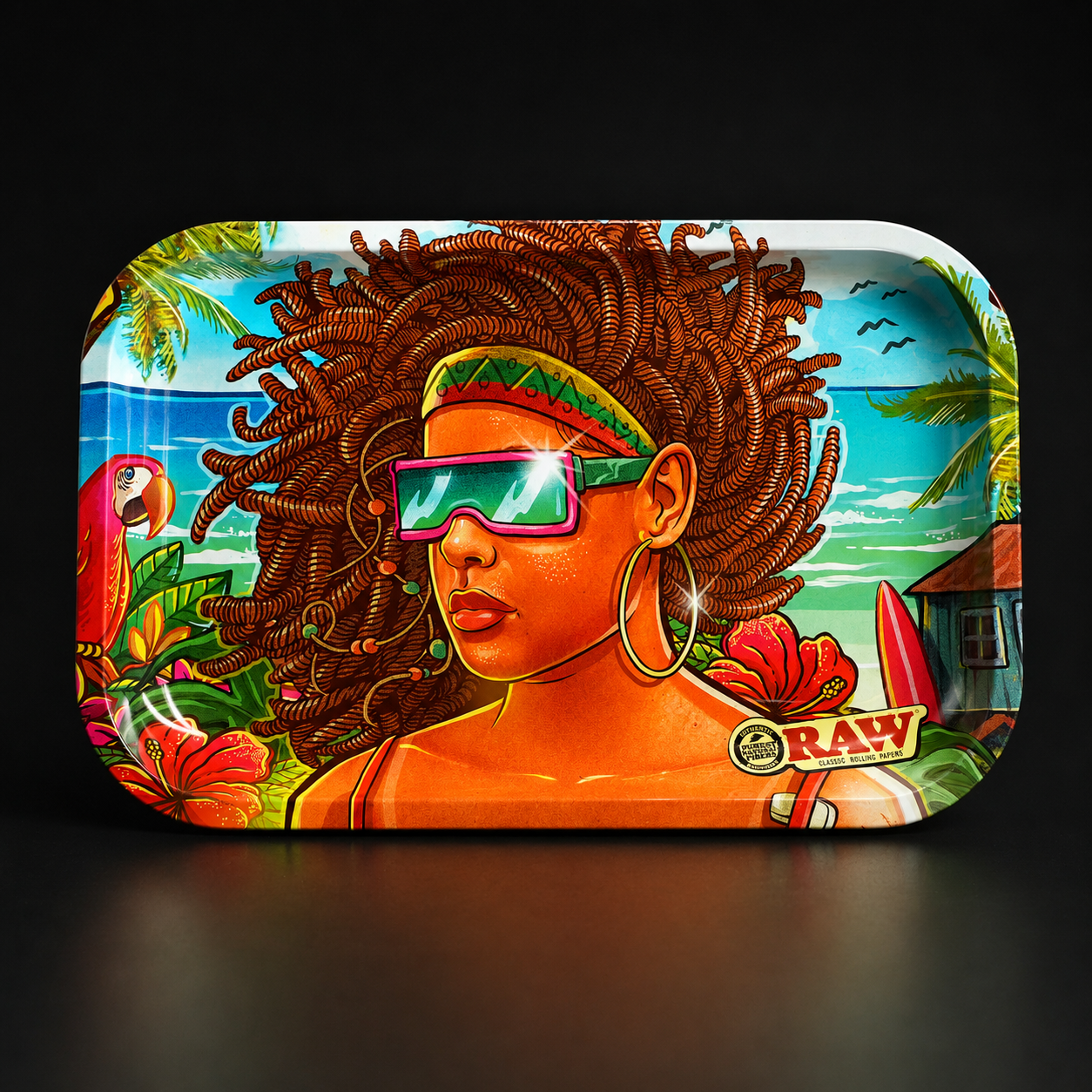 RAW Brazil 3 Rolling Tray Small mit tropischem Strandmotiv und farbigem Artwork