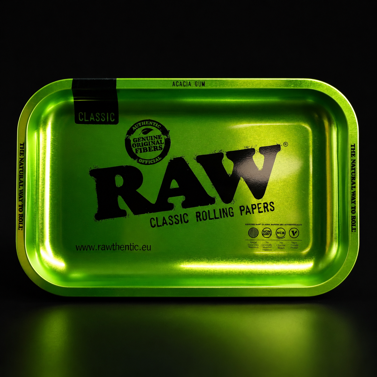 RAW Emerald Green Rolling Tray Small in Metallic-Grün mit klassischem RAW Logo