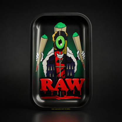RAW Monster Rolling Tray Small mit schwarzem Hintergrund und auffälligem Monster-Motiv im RAW Design