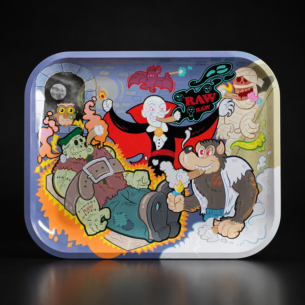 RAW Monster Sesh Rolling Tray Large mit buntem Monster- und Halloween-Motiv