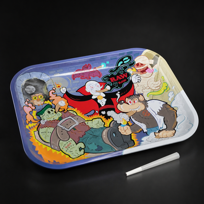 RAW Monster Sesh Rolling Tray Large in Schrägansicht mit Größenvergleich